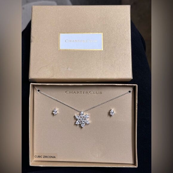 Charter Club CZ Snowflake Necklace and Earring Set - Picture 2 of 7